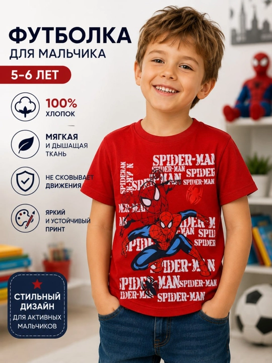 O‘g‘il bola uchun futbolka, 5-6 yosh, qizil rang, O‘rgimchak odam - 