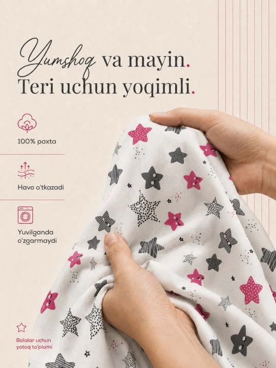 Bolalar posteli, 3 qismli yotoq to‘plami, qizlar va o‘g‘il bolalar uchun, 100% paxta