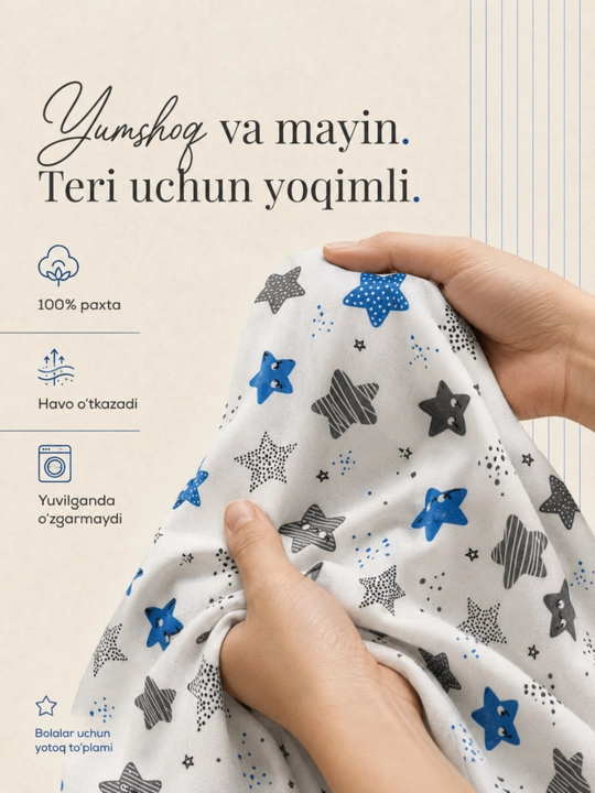 Bolalar posteli, 3 qismli yotoq to‘plami, qizlar va o‘g‘il bolalar uchun, 100% paxta
