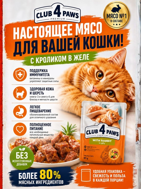 CLUB 4 PAWS Premium — влажный корм для кошек с говядиной в желе, 100 г