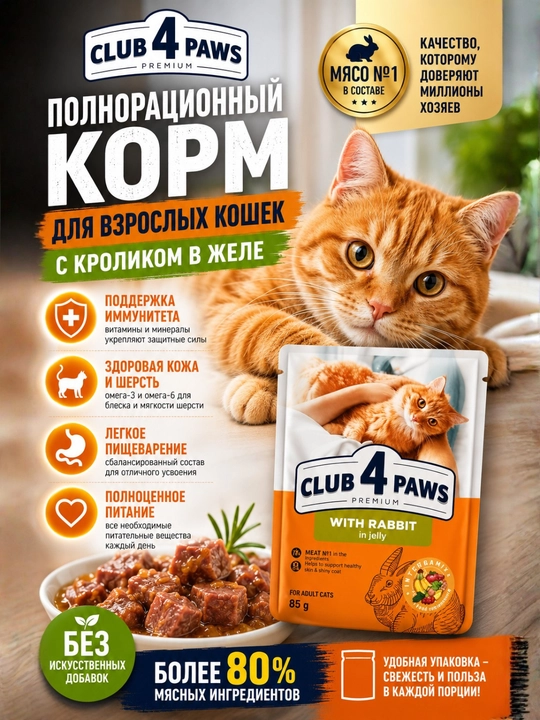 CLUB 4 PAWS Premium — влажный корм для кошек с говядиной в желе, 100 г