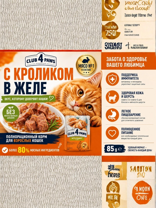 CLUB 4 PAWS Premium — влажный корм для кошек с говядиной в желе, 100 г