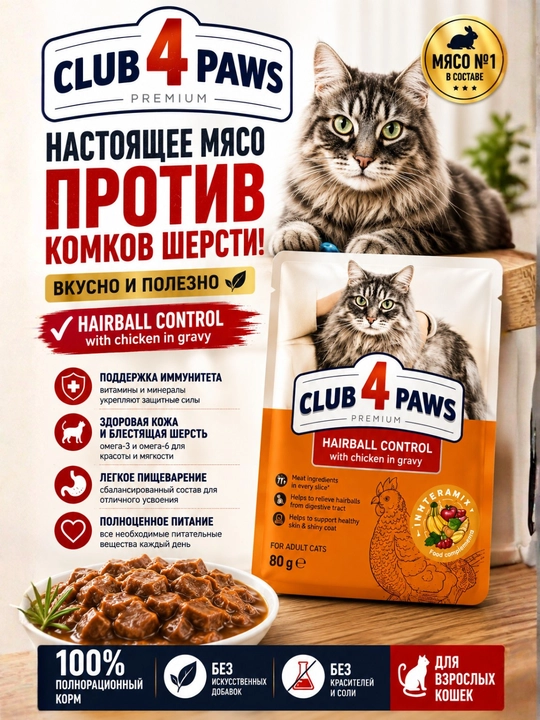 CLUB 4 PAWS Premium — влажный корм для кошек с говядиной в желе, 100 г