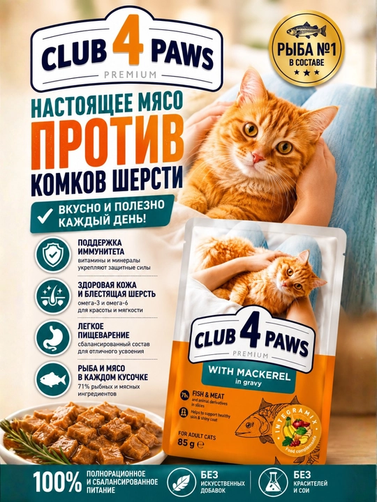 CLUB 4 PAWS Premium — влажный корм для кошек с говядиной в желе, 100 г