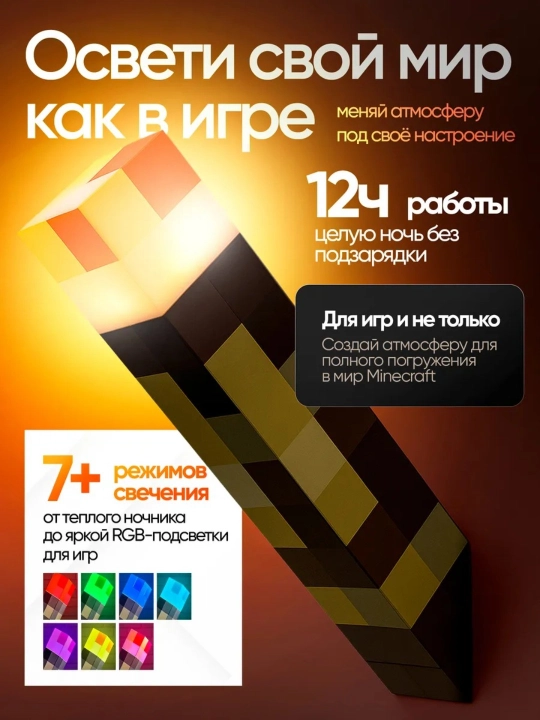 Детский ночник-факел Minecraft, светильник Майнкрафт, лампа, ночник для детей, бра