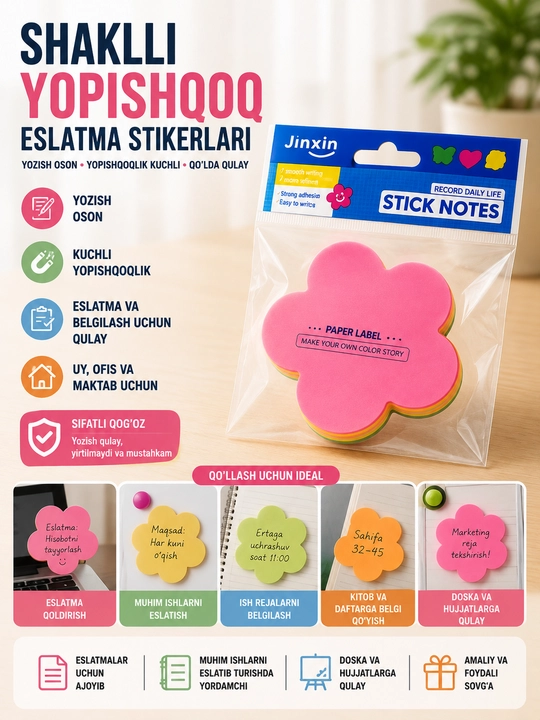 Stiker, shaklli yopishuvchi qog'oz, uy, ofis va o'qishdagi eslatmalar uchun, rang-barang - 
