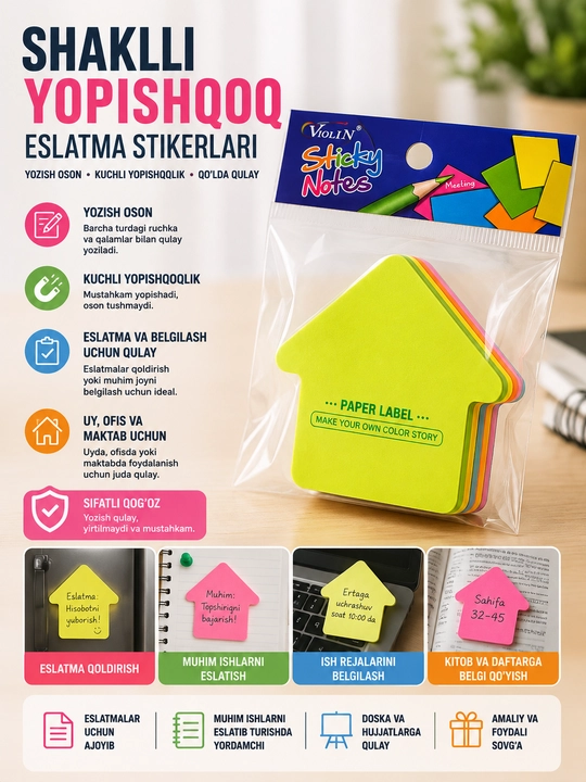 Stiker, shaklli yopishuvchi qog'oz, uy, ofis va o'qishdagi eslatmalar uchun, rang-barang