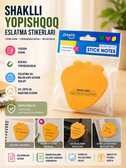 Stiker, shaklli yopishuvchi qog'oz, uy, ofis va o'qishdagi eslatmalar uchun, rang-barang