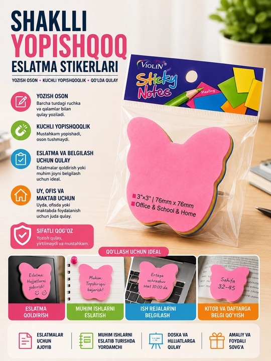 Stiker, shaklli yopishuvchi qog'oz, uy, ofis va o'qishdagi eslatmalar uchun, rang-barang