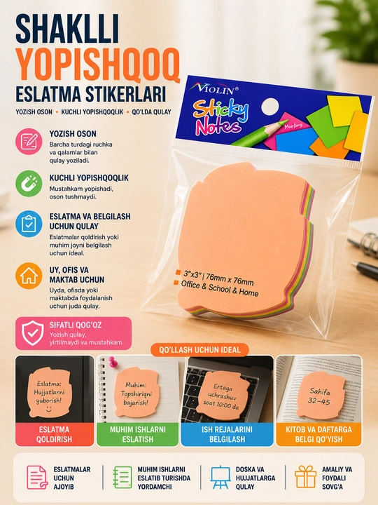 Stiker, shaklli yopishuvchi qog'oz, uy, ofis va o'qishdagi eslatmalar uchun, rang-barang