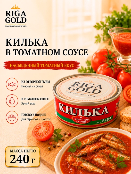 Килька в томатном соусе Riga Gold, 240 г - 