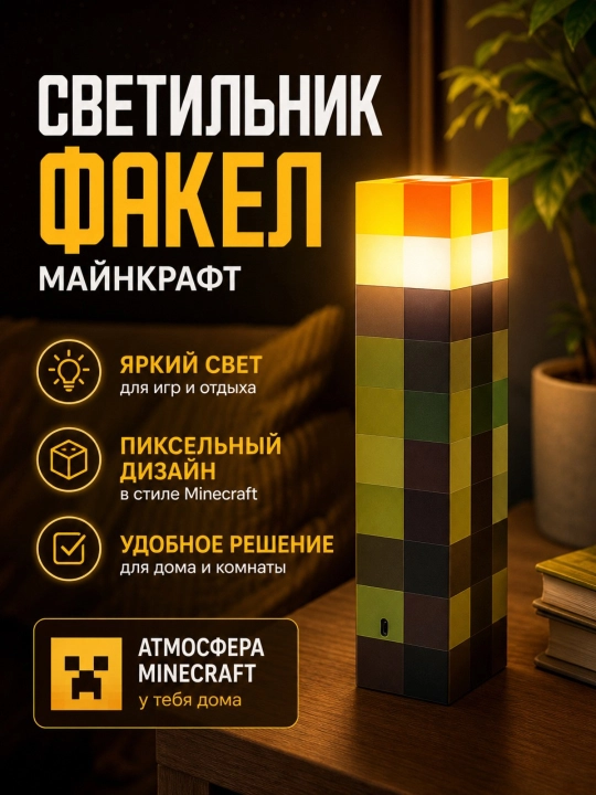Детский ночник-факел Minecraft, светильник Майнкрафт, лампа, ночник для детей, бра - 