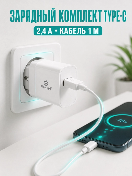 Зарядное устройство Gpengkj 2,4 А, 1 USB, кабель 1 м, Type-C или Lightning - 