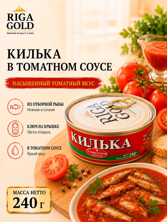 Pomidor sousidagi kilka, Riga Gold  240 g, kalitli ochiladigan qadoq - 