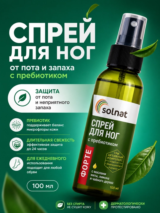 Спрей дезодорант для ног от пота и запаха, с пребиотиком Форте, 100 мл SOLNAT