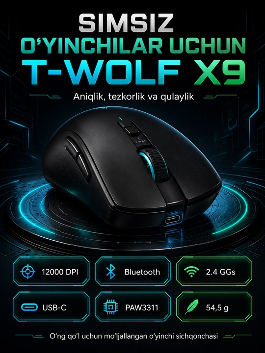 Geymerlar uchun simsiz T-Wolf X9, Q3 o‘yin sichqonchasi, shovqinsiz, o‘ta yengil, 2400 DPI