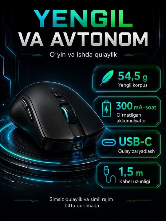 Geymerlar uchun simsiz T-Wolf X9, Q3 o‘yin sichqonchasi, shovqinsiz, o‘ta yengil, 2400 DPI