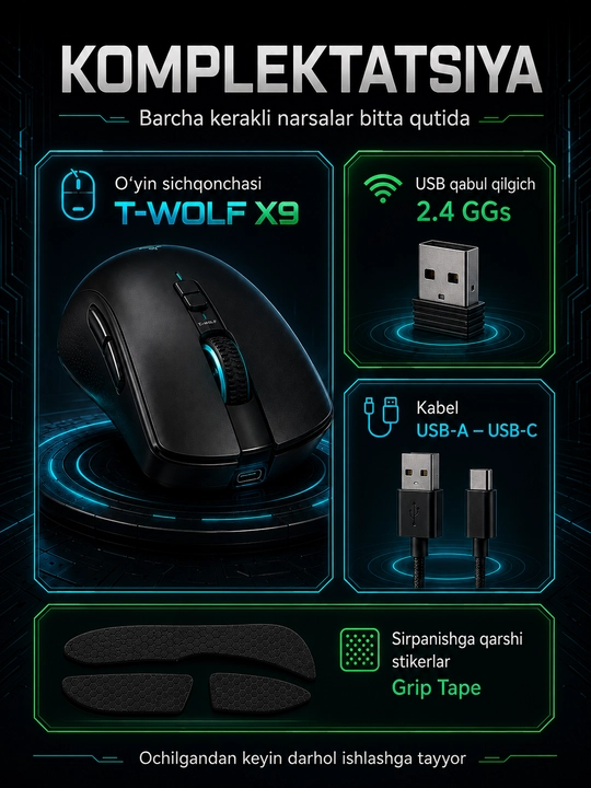 Geymerlar uchun simsiz T-Wolf X9, Q3 o‘yin sichqonchasi, shovqinsiz, o‘ta yengil, 2400 DPI