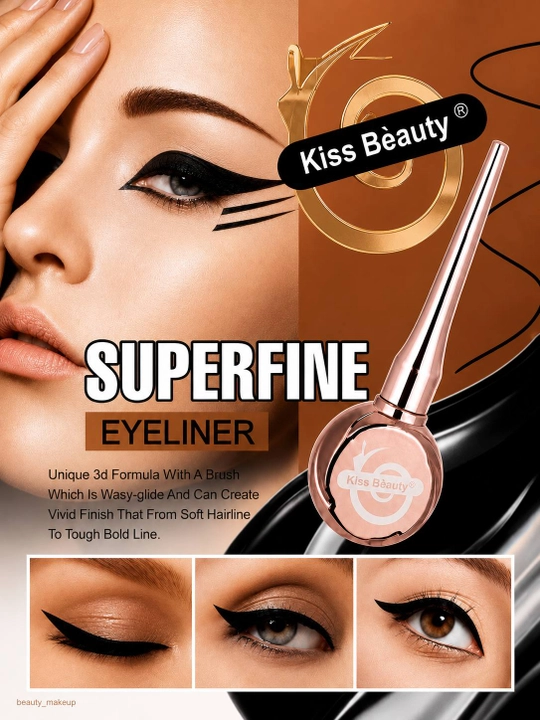 Ko’z uchun suyuq podvodkalar, eyeliner, suvga chidamli, qora, nozik cho’tkali, Kiss Beauty - 