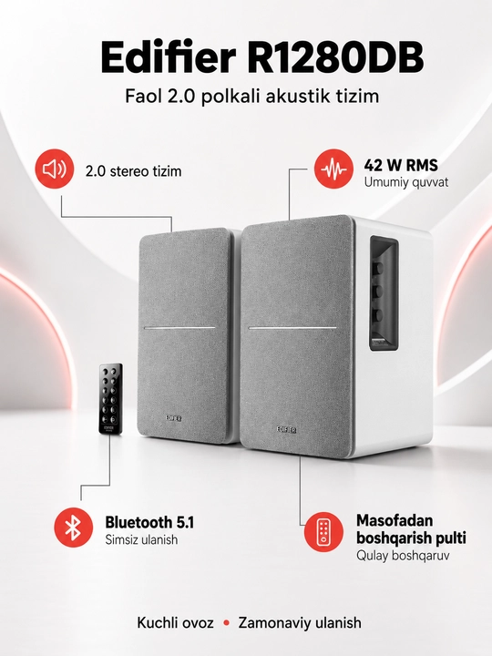 Edifier R1280DB  Активная акустическая система 2.0 Bluetooth 5.1, 42 Вт RMS, белая колонка - 