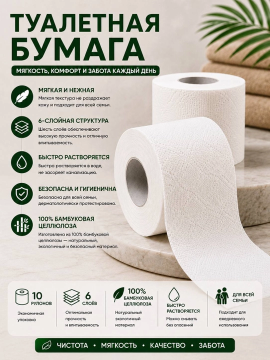 Туалетная бумага 6 слоёв из 100% бамбуковой целлюлозы, 10 рулонов, 850 г