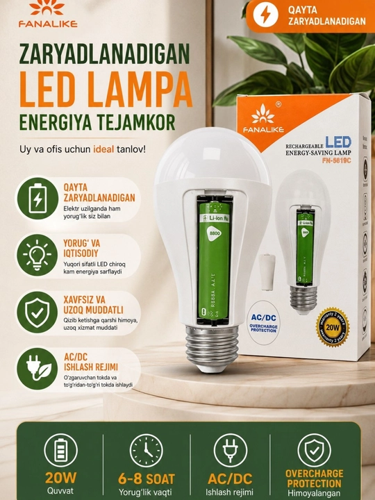 Zaryadlanadigan LED lampochka — elektr o‘chganda ham yorug‘lik beruvchi qulay uy lampasi