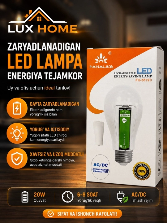 Zaryadlanadigan LED lampochka — elektr o‘chganda ham yorug‘lik beruvchi qulay uy lampasi