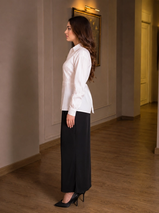 Ayollar uchun belbog‘li va taxlamali klassik ko‘ylak, uzun yengli