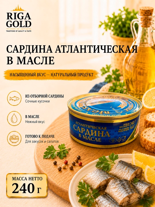 Riga Gold yog‘dagi Atlantika sardinasi, 240 g, - 