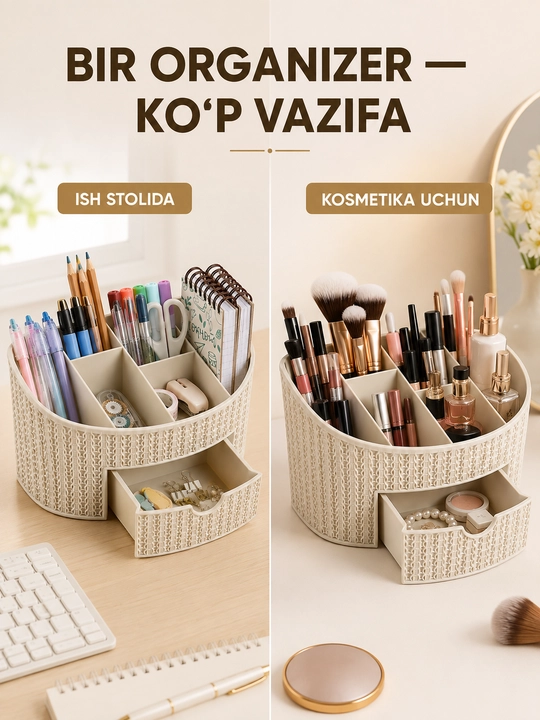 Stol usti organizer, kanselyariya va kosmetika uchun tortmali saqlash qutisi