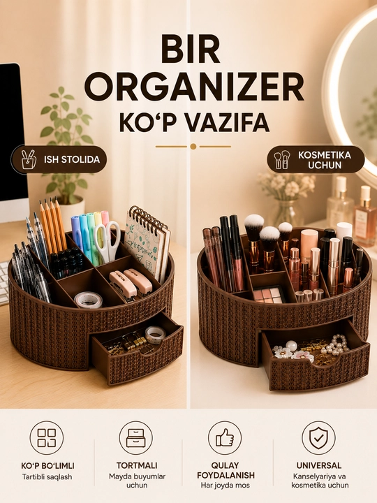 Stol usti organizer, kanselyariya va kosmetika uchun tortmali saqlash qutisi