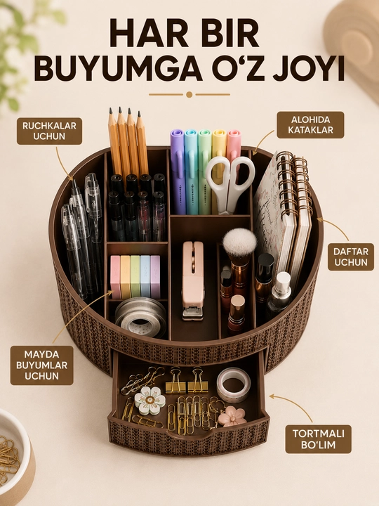 Stol usti organizer, kanselyariya va kosmetika uchun tortmali saqlash qutisi