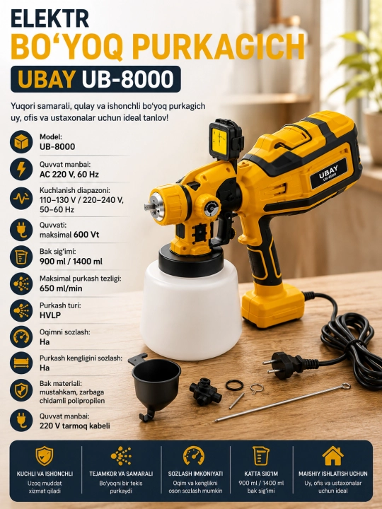 Краскопульт электрический UBAY UB-8000, регулировка давления воздуха, 1400мл - 