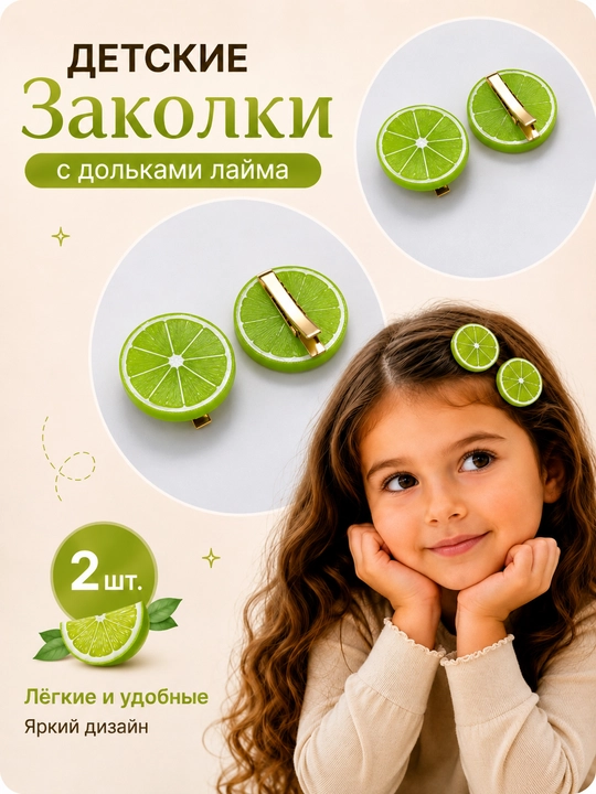 Заколки для волос для девочек, фруктовый, цветочным и с дизайном печенья, 2 шт - 