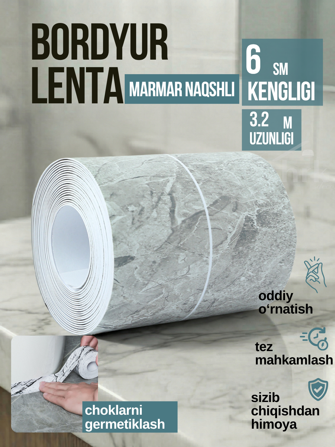 Oshxona va vanna uchun o‘zi yopishadigan bordyur lentasi
