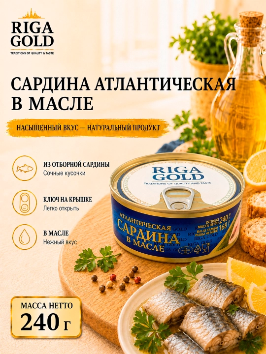 Yog‘dagi Atlantika sardinasi, Riga Gold, 240 g, kalitli ochiladigan qadoq - 