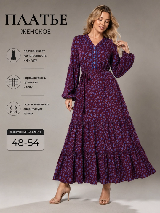 Платье женское длинное с поясом, нарядное платье макси, размеры 48–54 - 