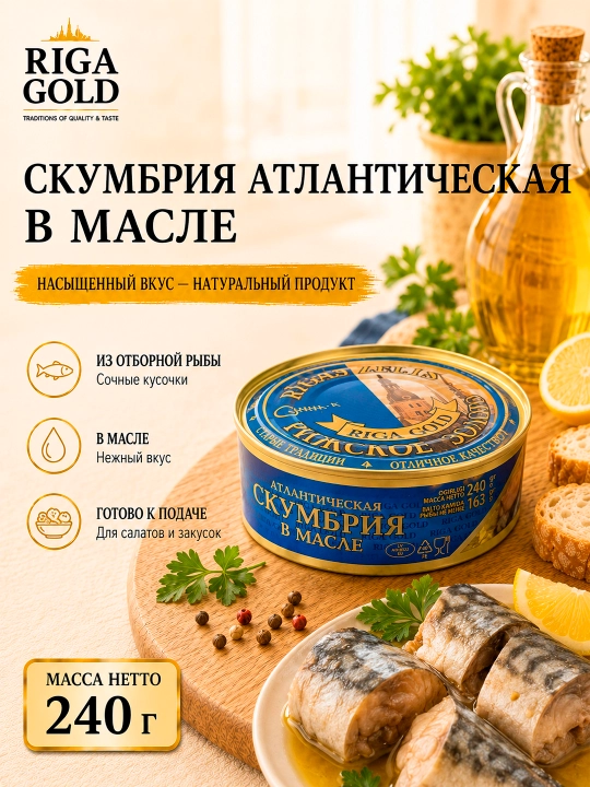Yog‘dagi Atlantika skumbriyasi, Riga Gold, 240 g - 
