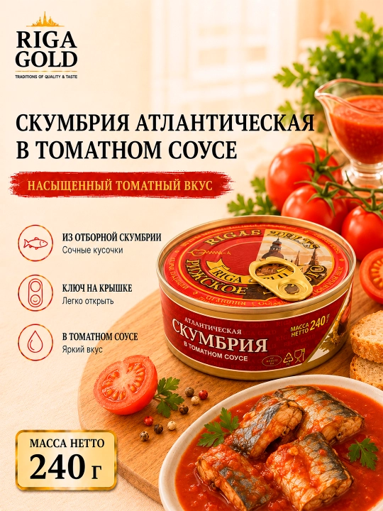 Pomidor sousidagi Atlantika skumbriyasi, Riga Gold, 240 g, kalitli ochiladigan qadoq - 