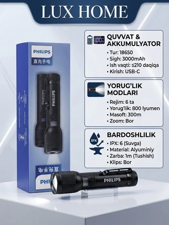 LED-фонарь Philips — зарядка от кабеля, удобен для дома, автомобиля, поездок и отдыха!
