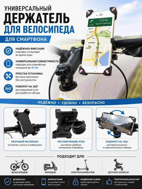 Универсальный держатель для телефона на руль велосипеда, регулируемый 360° - 