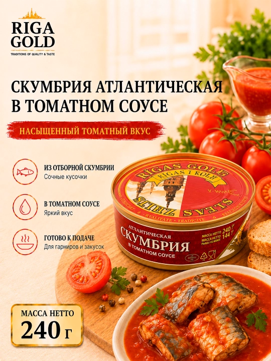 Pomidor sousidagi Atlantika skumbriyasi, Riga Gold,  240 g - 