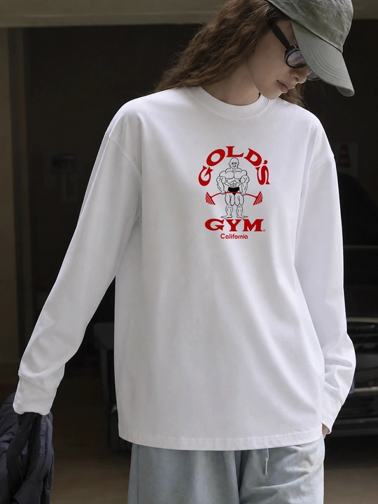 MICONIC Gold's Gym bodibilding printli oq uniseks oversayz longsliv
