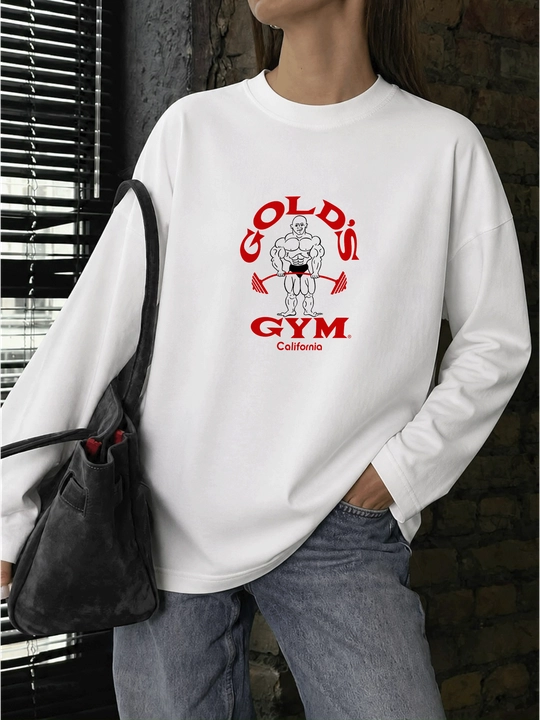 MICONIC Gold's Gym bodibilding printli oq uniseks oversayz longsliv
