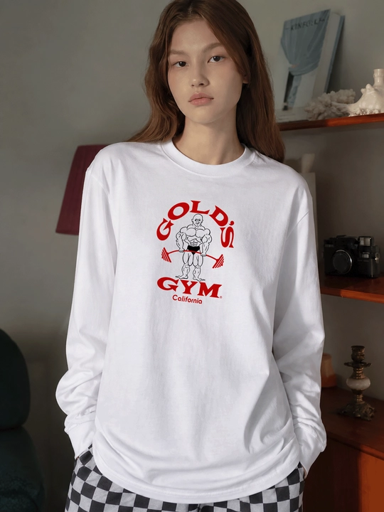 MICONIC Gold's Gym bodibilding printli oq uniseks oversayz longsliv