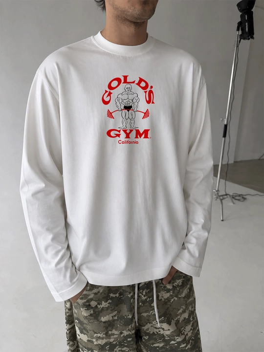 MICONIC Gold's Gym bodibilding printli oq uniseks oversayz longsliv