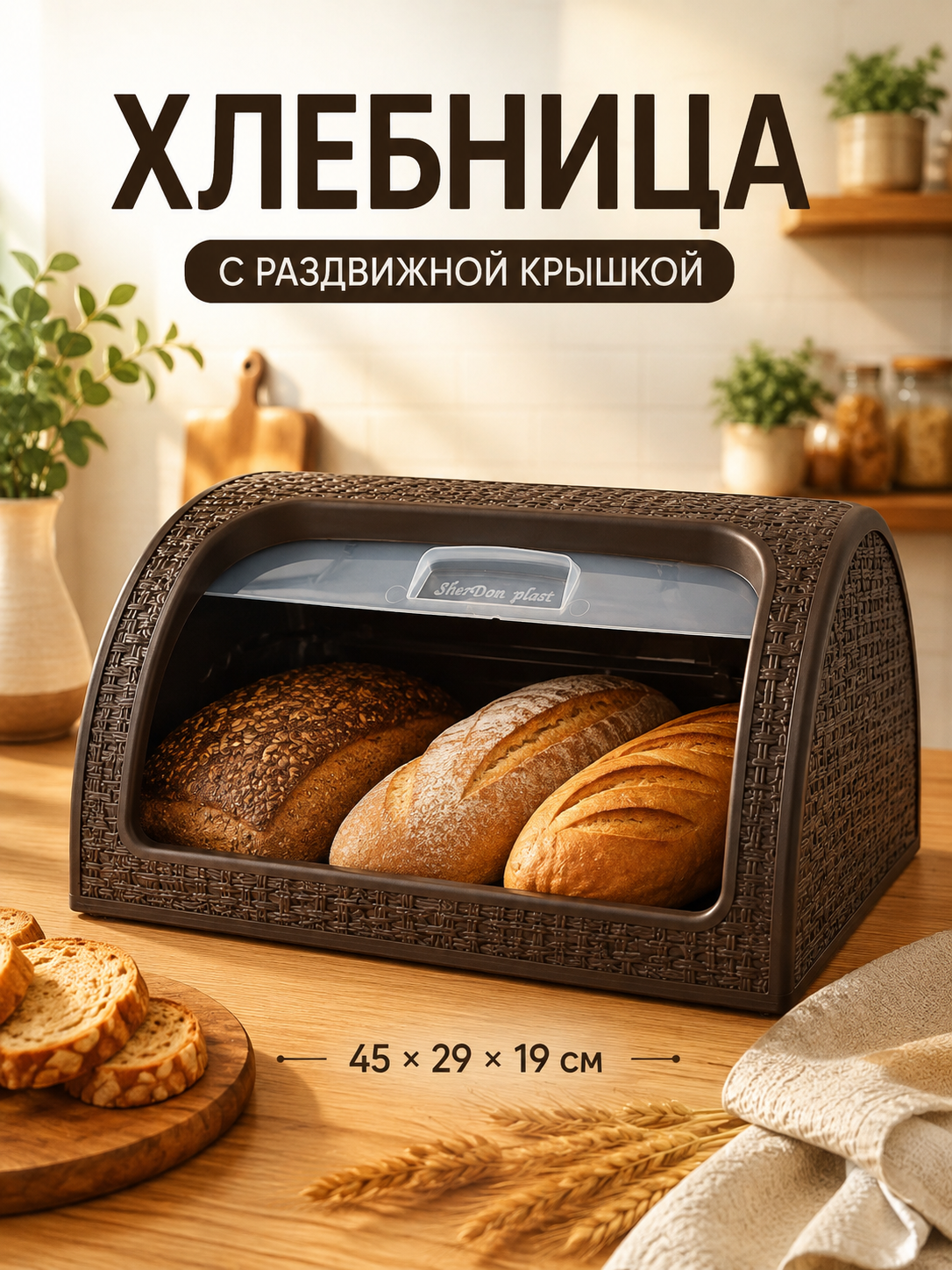 Хлебница пластиковая с раздвижной крышкой, контейнер для хранения хлеба 45×29×19 см - 