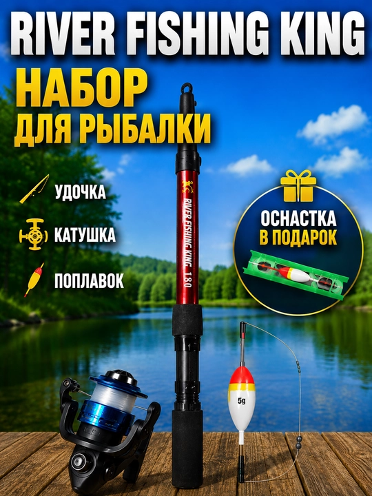 River Fishing King teleskopik qarmog‘i, g‘altak va tayyor baliq ovlash jihozlari bilan