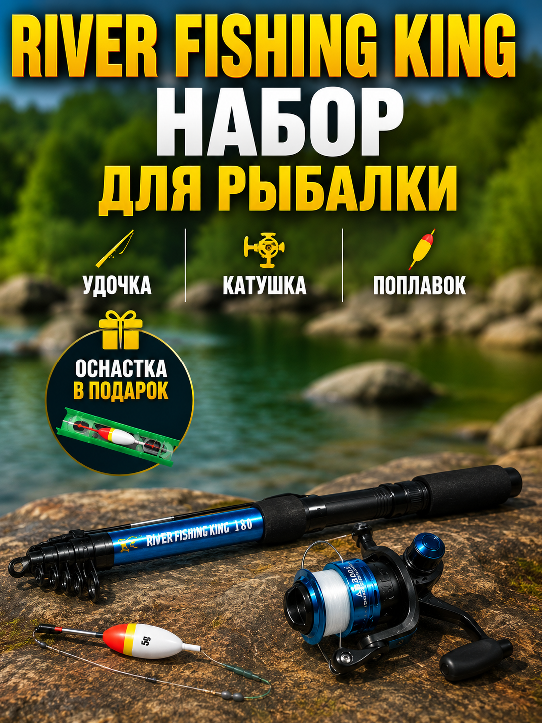 River Fishing King teleskopik qarmog‘i, g‘altak va tayyor baliq ovlash jihozlari bilan