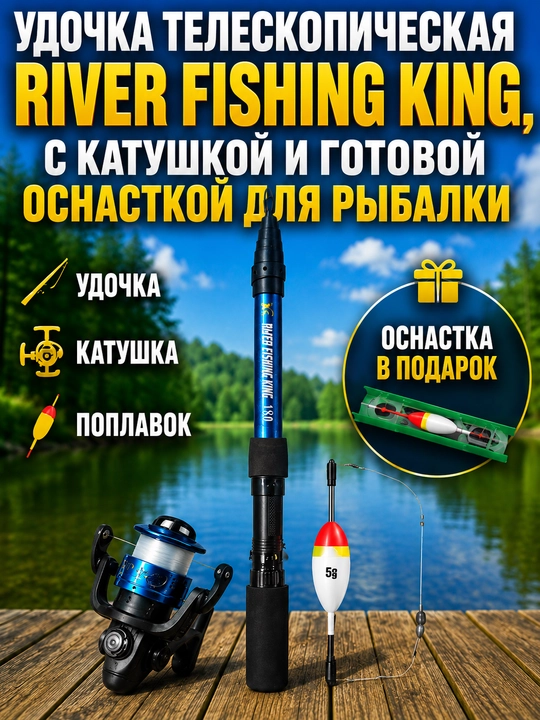River Fishing King teleskopik qarmog‘i, g‘altak va tayyor baliq ovlash jihozlari bilan